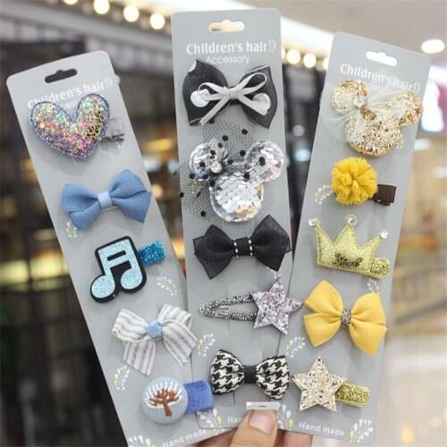 5set/lot Cartoon Cute Hair Clips Flowers Girls Bow Hairpins Crown Heart Kids Barrettes Hairclip Gift Hair Accessories Headwear
