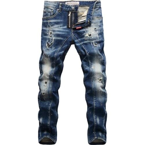 Men Punk Pants Spliced Designer Hip Hop Jeans Homme Italian Style Fashion Men Jeans Retro Blue Slim Fit Elastic Ripped Jeans