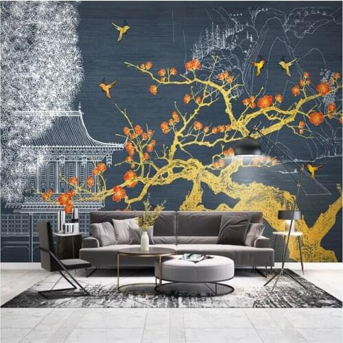 Custom wallpaper mural decorative wall new Chinese gold line drawing landscape plum wall