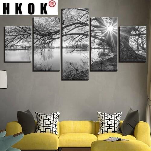 HKOK Abstract 5 Pieces Canvas Paintings Posters Prints Lakeside Big Trees Black White Wall Art Pictures Home Decor Living Room