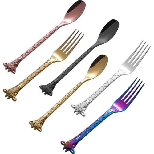 Stainless Steel Colorful Coffee Spoons Cake Forks Giraffe Handle Dessert Fork And Tea Spoon Set Lovely Mixing Scoop Cutlery 6pcs