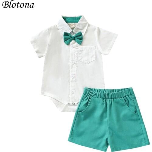 Blotona Baby Boys Gentleman Summer 2Pcs Clothes Set, Solid Color Turn-down Collar Romper and Elastic Waist Shorts, 3-24Months