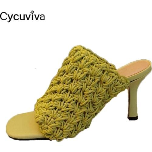 New Mesh Woven Mules Slippers Brand Shoes High Heel Sandals Women Square Toe Runway Summer Sandals Designer Party Shoes Woman