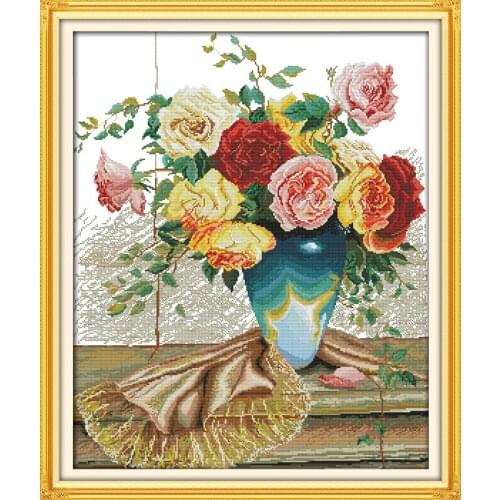 Flowers Colorful Roses Cross Stitch Kits 14CT White Canvas 11CT Accurate Printed Embroidery DIY Handmade Needle Work Home Decor