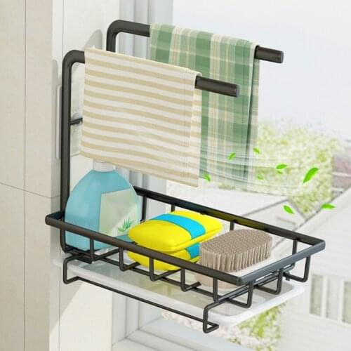 203F Wall Mount Hanging Kitchen Drain Basket Sponge Storage Rack Rag Holder Towel Shelf with Drain Pan Sink Organizer Dishcloth