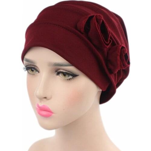 New Women Muslim Headgear Hat Cotton Two Flower Ruffle Chemo Beanie Scarf Turban Head Fitted Adult Wrap Caps Bonnet