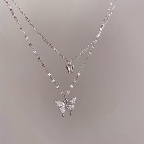 Silver Shiny Butterfly Necklace Ladies Exquisite Double Layer Clavicle Chain Necklace Jewelry for Ladies Gift