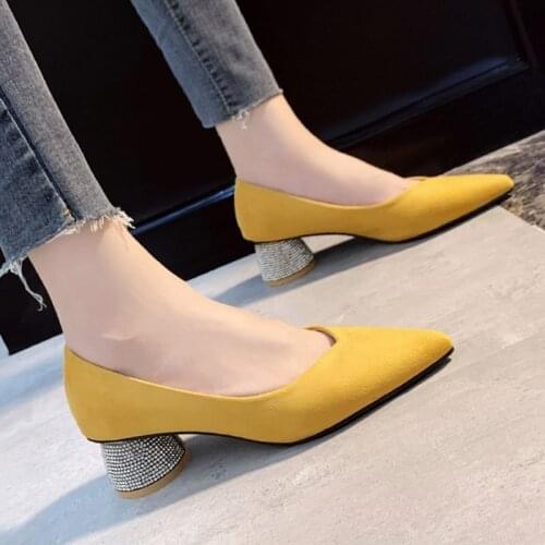 Ol Office Lady Shoes Pointed Toe Pumps Crystal Heels Dress Shoes Faux Suede Boat Shoes Woman Rhinestone Pump zapatos mujer 8123L