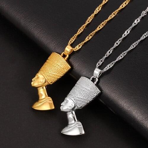 Hiphop Exotic Egyptian Queen Nefertiti Pendant Necklaces for Women Men Jewelry Gold Color Unisex Necklace Jewelry