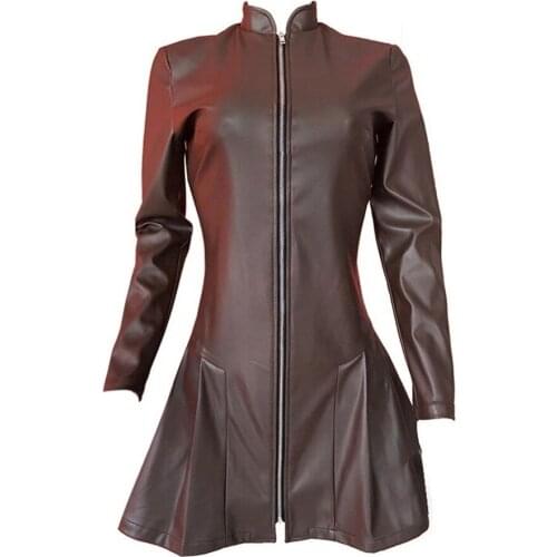 Hot selling pure color leather skirt PU pleated skirt stand collar zipper sexy workplace style