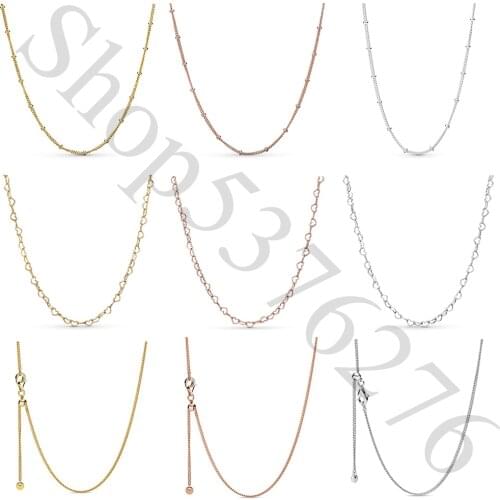 925 Sterling Silver Rose Shine Beaded Curb Joined Hearts Europe Chain Necklace Fit Fashion Women Bead Charm Gift DIY Jewelry
