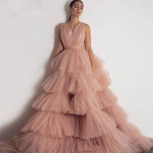 Luxury Puffy Pink Tulle Dressing Gowns V Neck Sleeveless Ruffles Pluffy Long Women Formal Party Dresses Plus Size