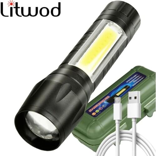 XP-G Q5 Built in Batttery LED MINI Flashlight Aluminum 4 Modes Torch COB Zoom Waterproof Outdoor Sport Caming Lights Bulbs Black