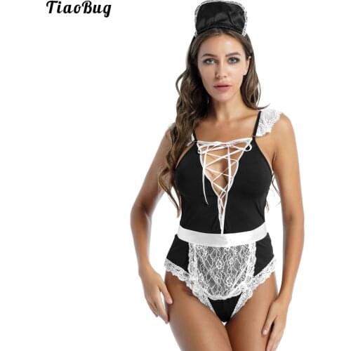 TiaoBug 3Pcs Women Sexy Plus Size Maid Cosplay Costume Straps Self Tie Back One-Piece Lingerie With Apron And Hair Hoop Set
