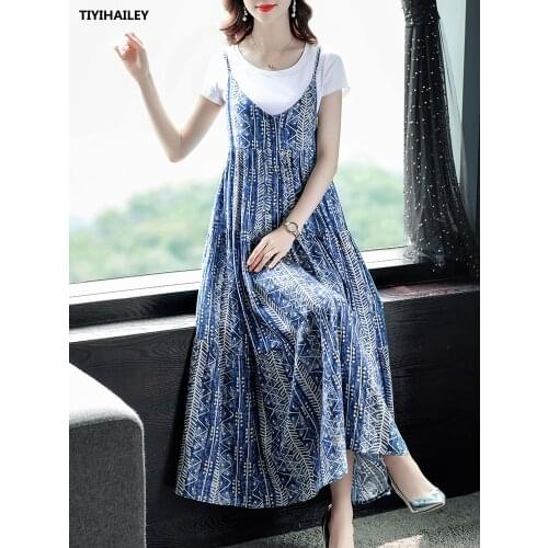 TIYIHAILEY Free Shipping 2021 New Loose Fashion Women Long Maxi Sleeveless Cotton And Linen Print Spaghetti Strap Dresses