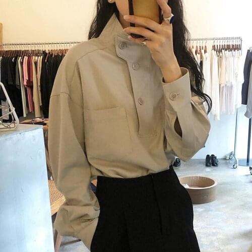 ZCSMLL Korea chic spring stand collar oblique buckle loose solid color casual all-match long-sleeved shirt top women