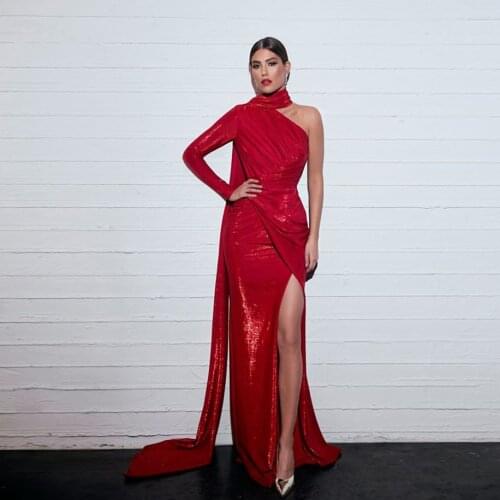 High End Red Sequined One Shoulder Mermaid Prom Dresses Sexy High Side Split Prom Gowns Formal Dress Robe De Soiree
