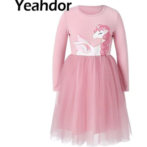 2021 Kids Girls Spring Dresses Long Sleeve Round Neckline Cartoon Pattern Printed Mesh Tutu Dress Children Casual Daily Outfit