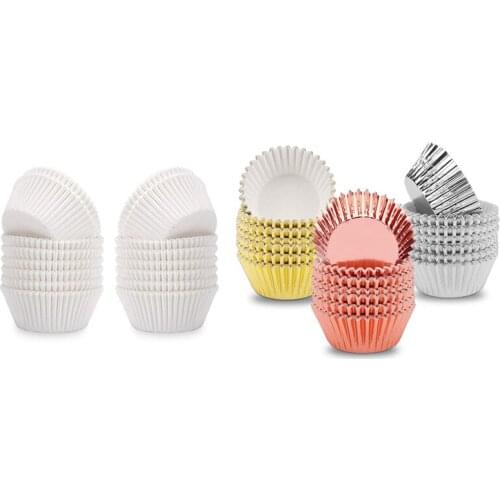 300Pcs Foil Cupcake Liners Muffin Paper Cases Gold Silver Rose Gold & 400Pcs White Cupcake Liners Greaseproof Paper