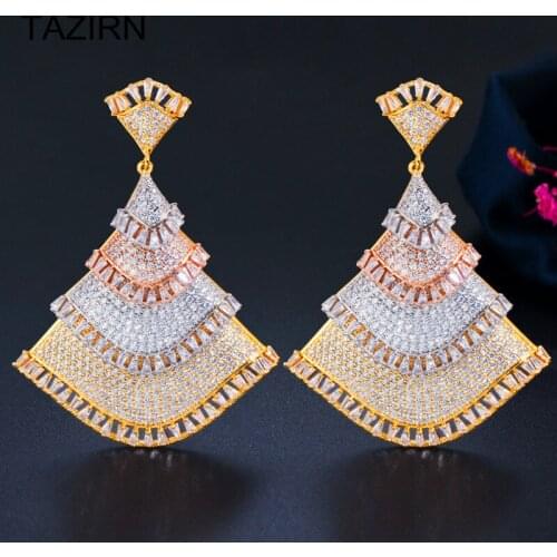 Bohemia Tricolor Fan-shaped Tribal Drop Earrings AAA+ Cubic Zirconia Piercings Big Earrings Party Prom Jewellery Earrings Gift