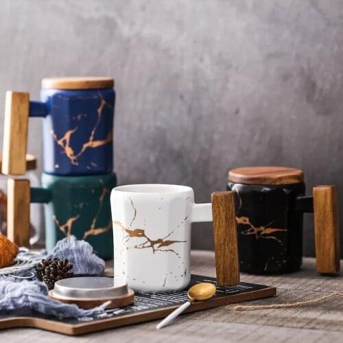 370ml Ceramic Marble Design Coffee Tea Mugs Office Drinking Mugs Cups with Wooden Lid and Wooden Handle Gift Tableware
