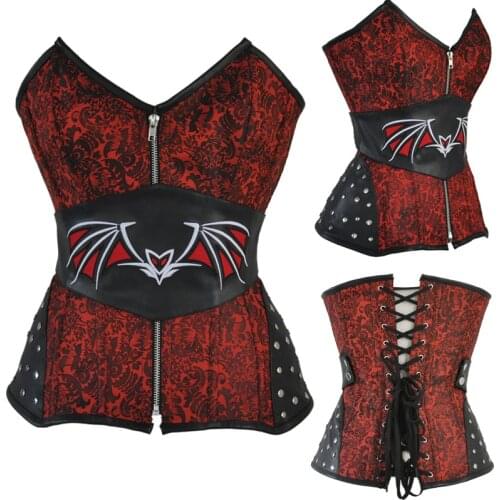 Kophia Rivet Jacquard Steampunk Steel Boned Lace up Corset Sexy Zipper Waist Slimming Corset With Belt Red Corset Belt Plus Size