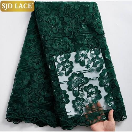 SJD LACE Green African Lace Fabric Heavy Embroidery Milk Silk Tulle Sewing Sequins French Mesh Lace Fabric For Wedding Sew A2377