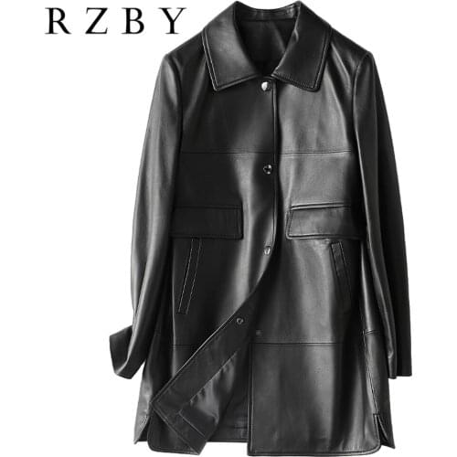 100% Real Shepskin кожаная куртка женская Women Genuine Leather Jacket Turn Down Collar Solid Jaqueta De Couro Feminina RZBY643