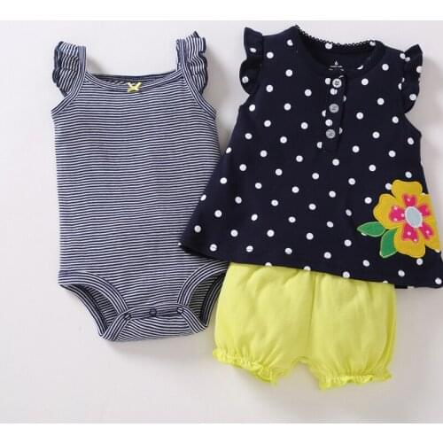 Summer new born baby girl clothes set sleeveless T-shirt tops polka dot floral+stripe bodysuit+shorts 3PCS infant newborn outfit