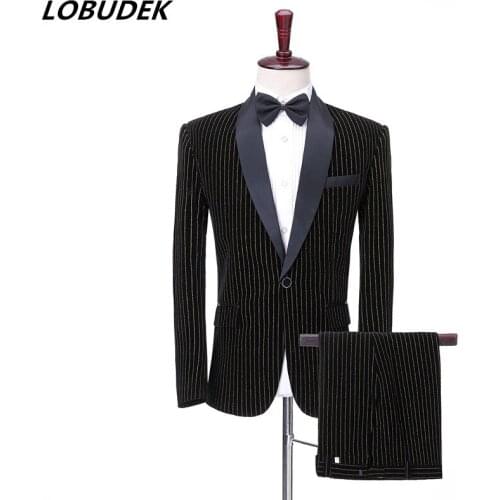 Royal Blue Black Wine Red Men Velvet Suit England Style Formal Dress Wedding Groom Suits Prom Singer Host Blazer Pants 2 Pieces