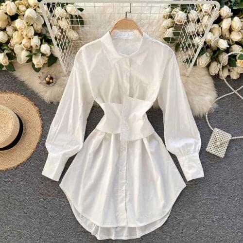2021 new fashion shirt dress Waist closure was thinnertop strap + medium and long-sleeved shirt two-piece suit women dress