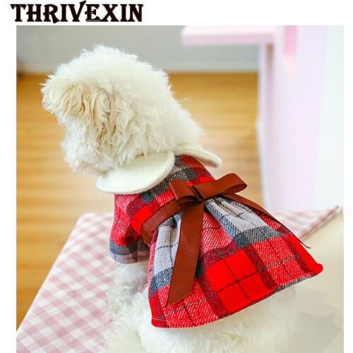 Clothes for pet dogs, new tartan in autumn and winter, warm princess, student doll, bow tie, plaid woolen skirt