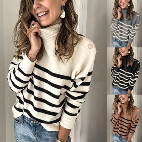 Autumn Winter Turtleneck Sweaters Black And White Top Striped Knit Sweater Button Women Casual Long Sleeve Pullovers 2021 New