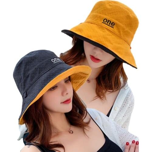 Womens Cotton Letter Embroidery Double-Sided Panama Bucket Hat Summer Outdoor Men Bob Fishing Cap Sunscreen Sun Fisherman Hats