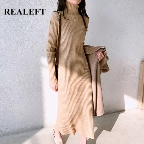 REALEFT Autumn Winter Turtleneck Knitting Womens Straight Dresses 2021 New High Waist Long Sleeve Midi Sweater Dress Female