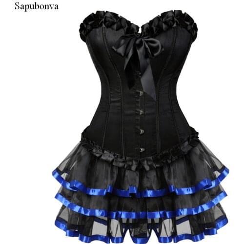 Sapubonva ladies gothic victorian corset lolita dress adjustable costume vintage lingerie bustier corset skirts set sexy brocade