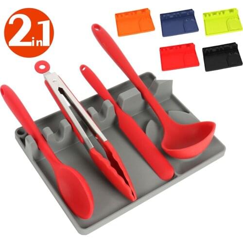 Silicone Spoon Rest 2 in 1 Larger Size Spoon Holder for Stove Top, Upgraded Utensil Rest with Drip Pad Include 5 Slots& 1 Spoon