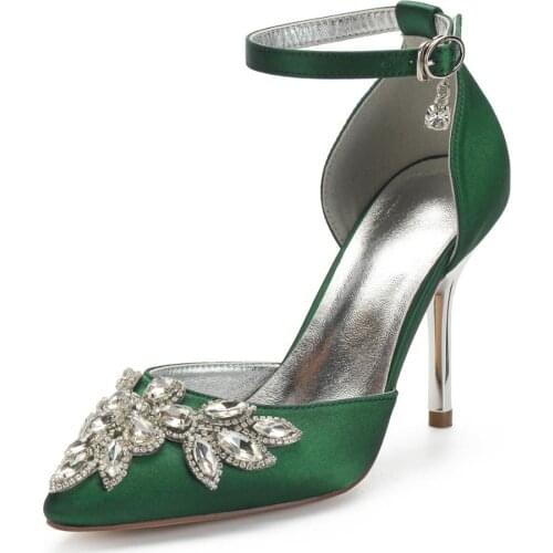 Pointed toe D'orsay satin evening dress shoes bridal wedding party prom high heels with crystal rhinestone elegant pumps colors