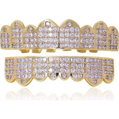 Hip Hop Gold Teeth Grills Set Top &Bottom Iced Out Bling Grillz Dental Mouth Teeth Caps Tooth Jewelry Drop Shipping