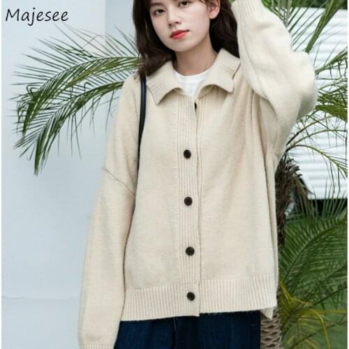 Sweater Cardigans Women Turn Down Collar Harajuku Autumn Single Breasted Drop Sleeve All-match Soft Simple Knitted Solid Fashion