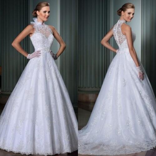 Vestido de noiva High Neck White vestido de casamento see through back vestidos de noivas 2014 sexy chapel train wedding dresses
