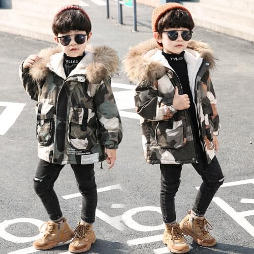 2020 Winter 3-13Years Old Boys Cotton Jacket For Childrens Plus Velvet Thicken Hooded Camouflage Mid-Length Coats Kids Clothes
