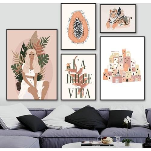 Girl Tiger Bird Plant Castle Papaya Retro Wall Art Canvas Painting Nordic Posters And Prints Boho Pictures For Living Room Decor