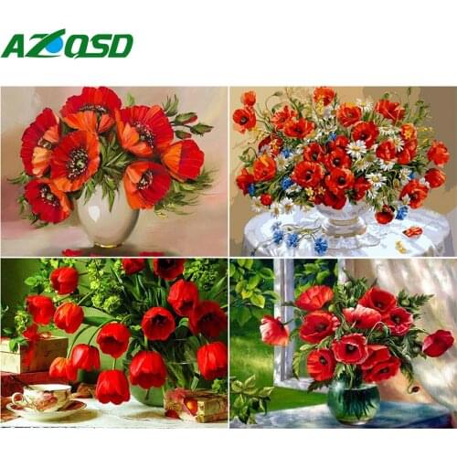 AZQSD Painting By Number Poppy Canvas Kits Picture For Living Room Home Decoration Unframe Paint By Numbers Flowers Unique Gift