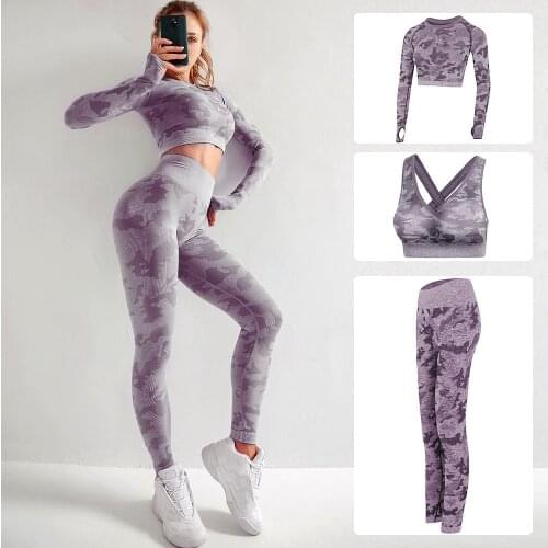 BARKOV Yoga Sets Women Tracksuit Camouflage Fitness Bra Exercise Shirts Seamless Leggings 3-Peace Sets Yoga Sportswear