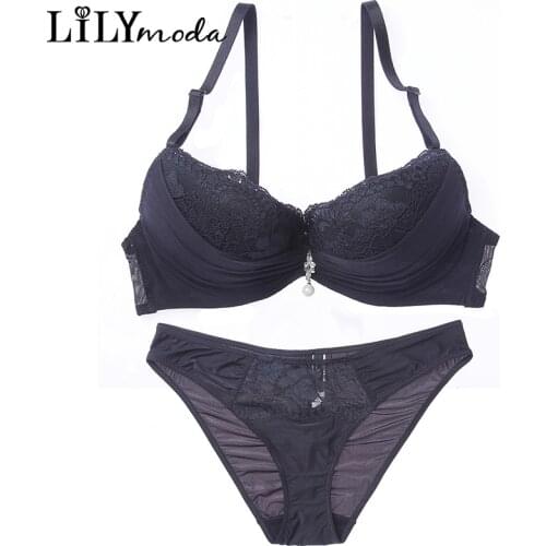 Sexy Bra Set For Women Lace Pearl Fold Underwire Push Up Cup Female Underwear Lingerie Brassiere Panty Brief Sets Black Red Blue