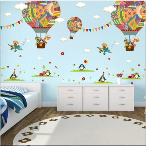 Colorful Hot Air Balloon Animal Nursery Room wall sticker Bear Giraffe children 's room cartoon classroom Wall Decals Poster