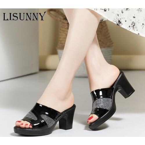 LISUNNY Womens Slippers Sandals 2021 Summer Patent Leather High Heels Women Shoes Woman Slippers Summer Sandals Fashion Shoes