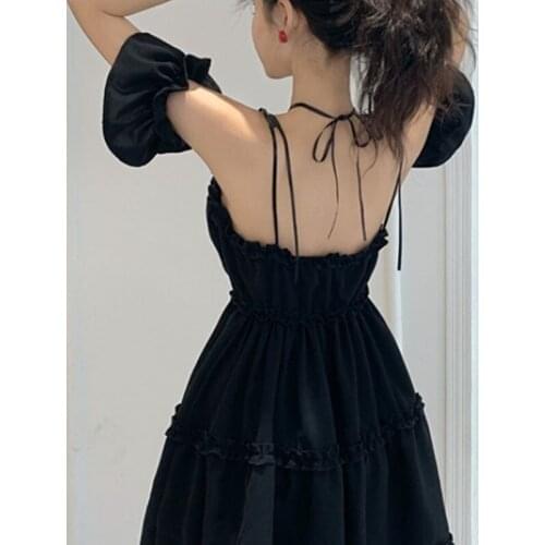 Summer 2021Party dress fashion temperament Sleeveless minisexy little black dress cross tie high waist sling A-line short dress