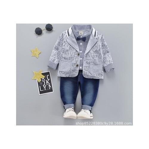 Fashion Autumn New Baby Boys Striped Shirt Solid Color Small House Printing Blazer Suit Denim Trousers for Boys Gentleman Suits